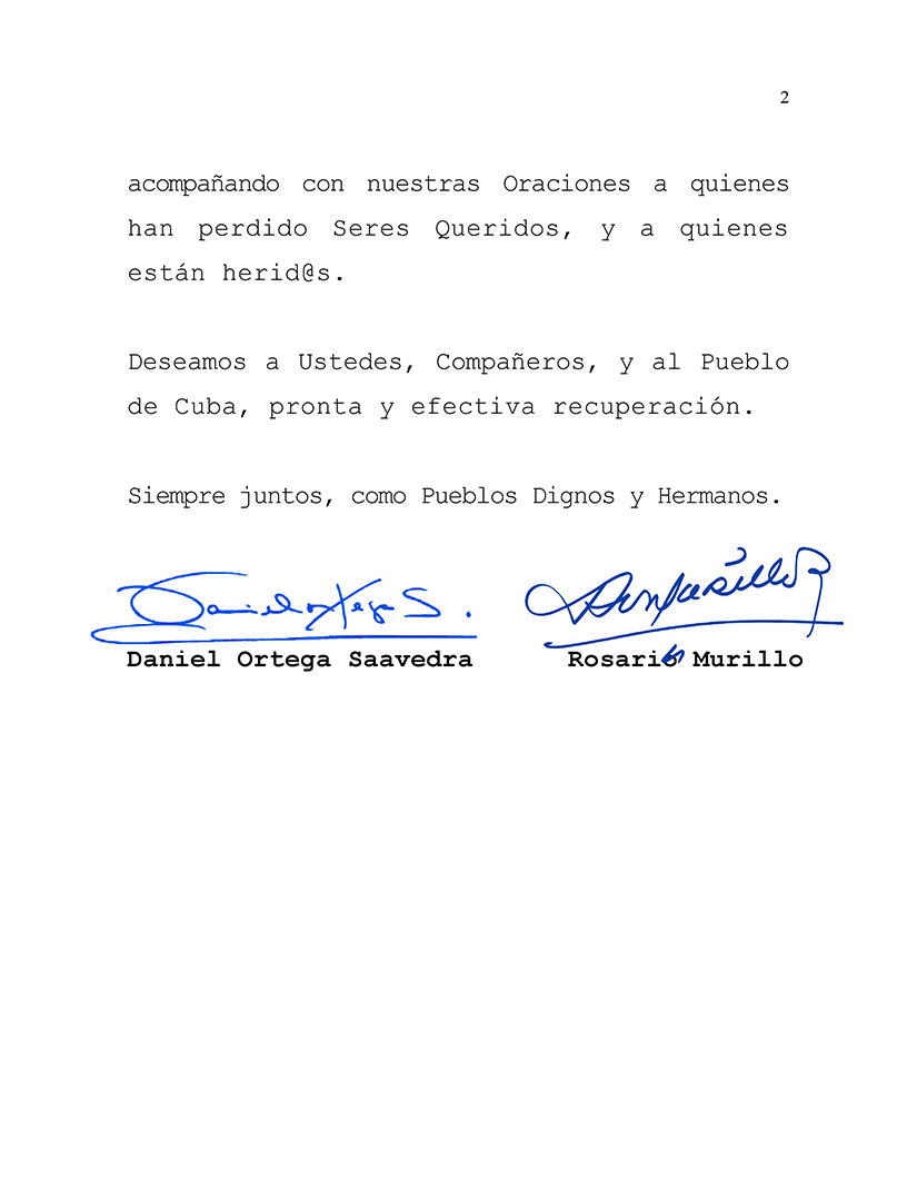 Mensaje de Solidaridad a los Compañeros General de Ejército y Comandante de la Revolución Cubana, Raúl Castro Ruz, y Miguel Díaz-Canel